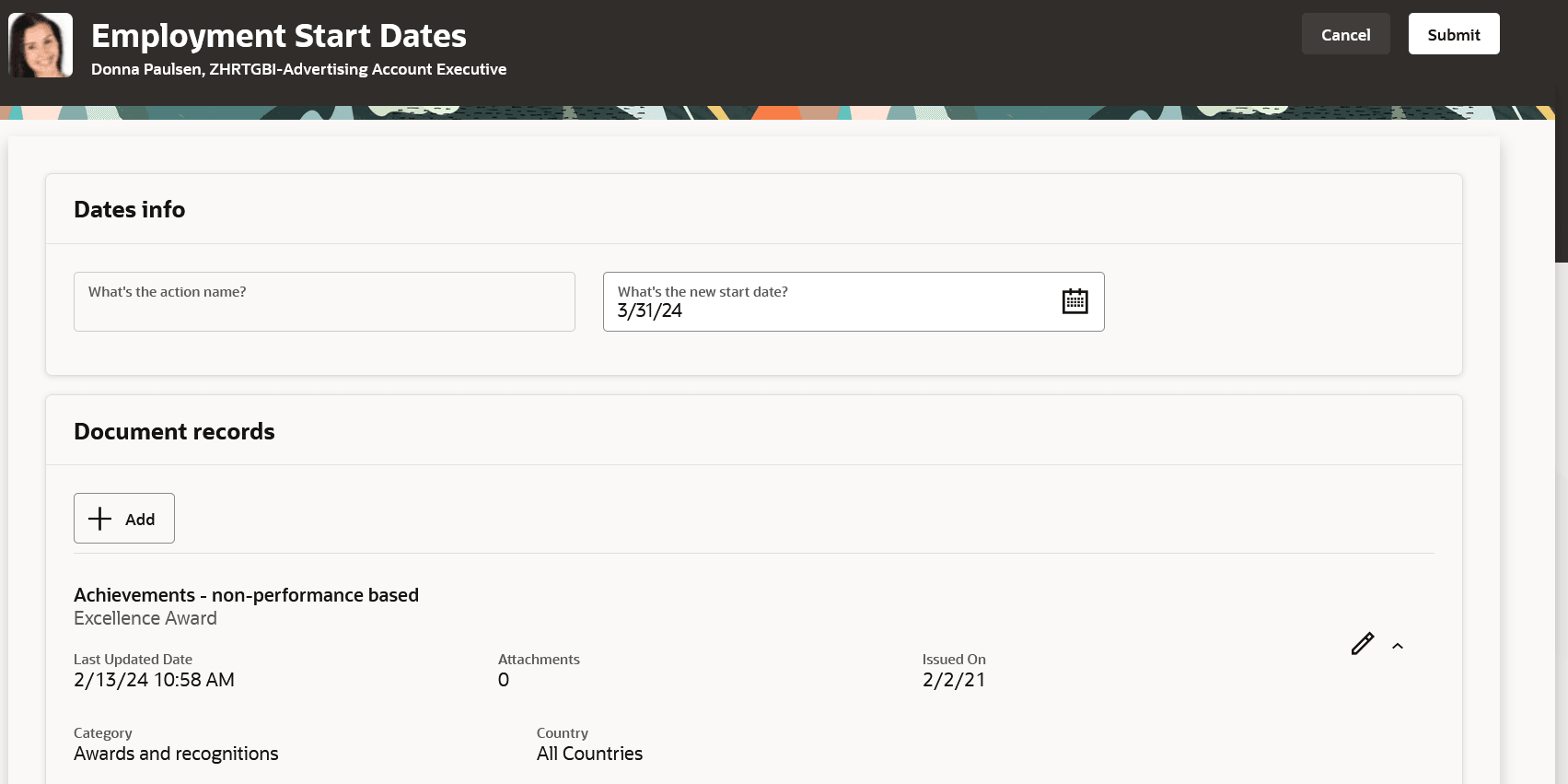 Employment start dates page to change a worker's start date