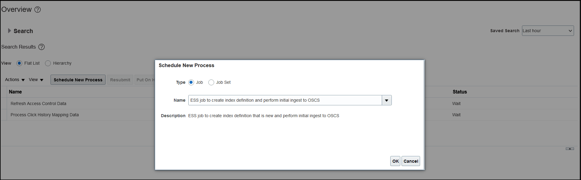 ESS Job to Create Index Definition and Perform Initial Ingest to OSCS Process