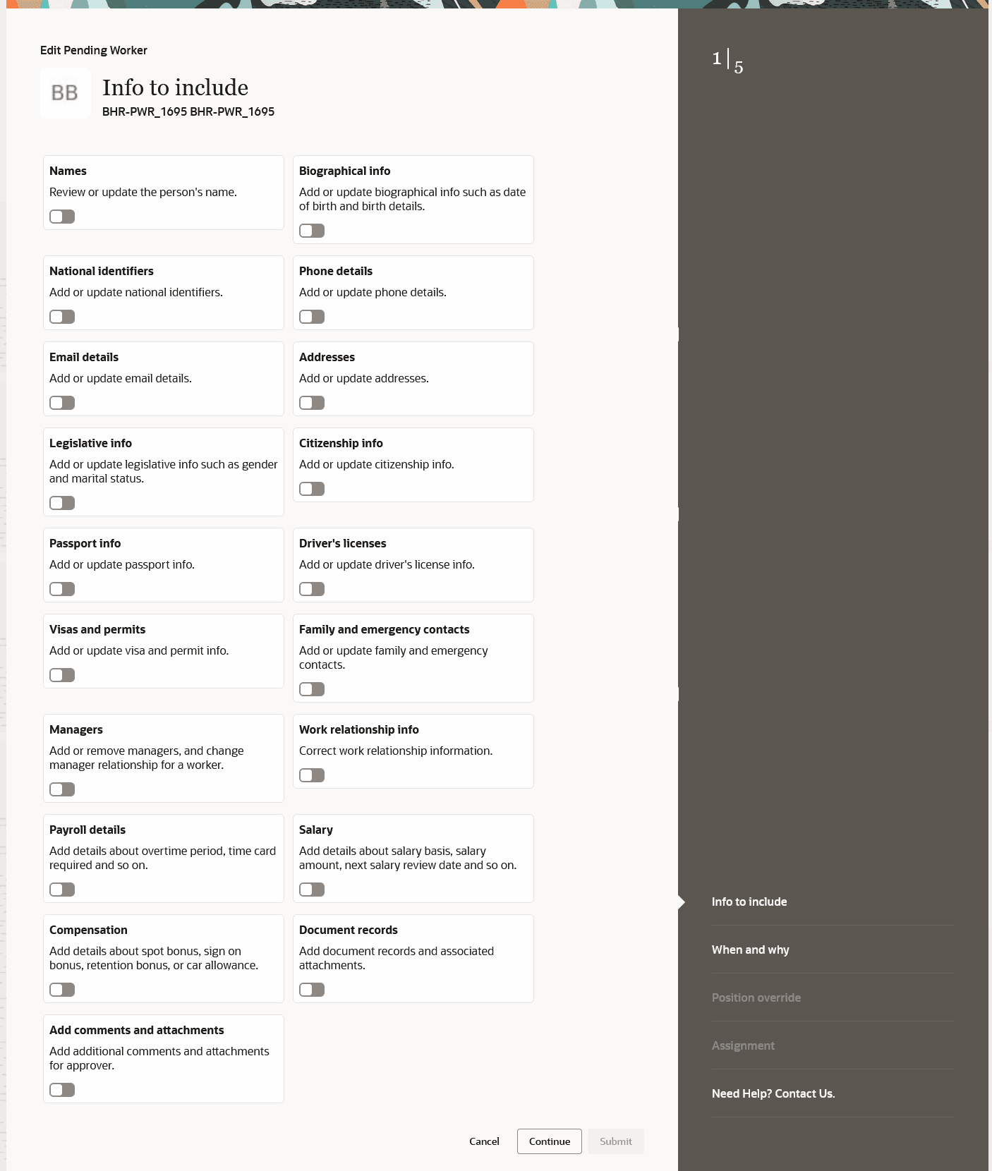 Optional attributes to add in the Edit Pending Worker flow