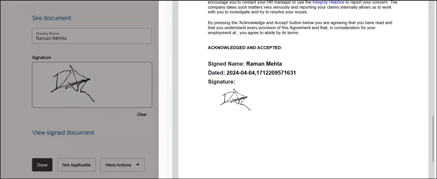 View Document Before Signing, Sign the Task, and View Signed Document