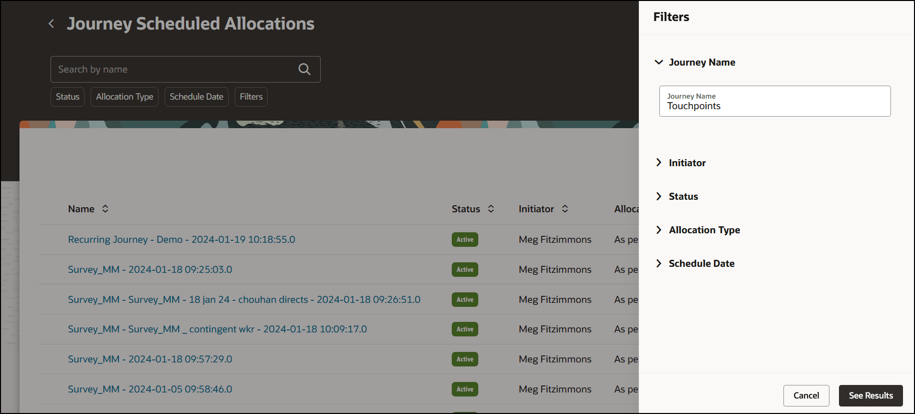 Journey Scheduled Allocations Landing Page