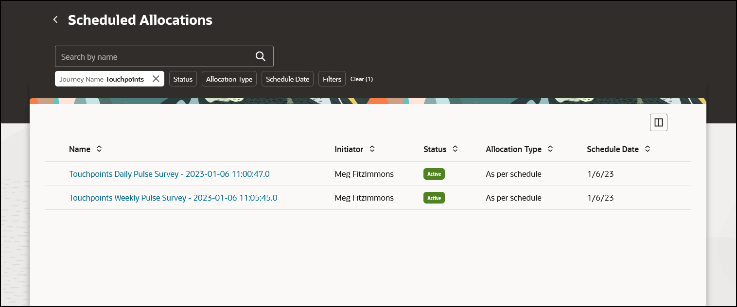 Scheduled Allocations Filtered by Journey Name
