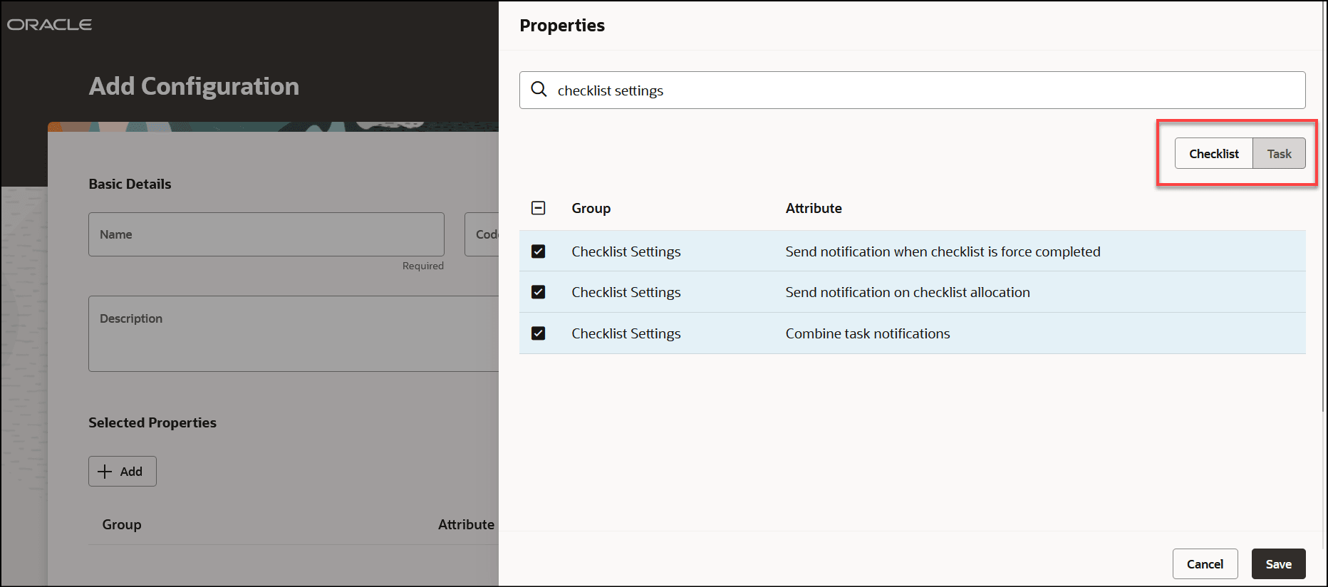 Select Checklist Properties