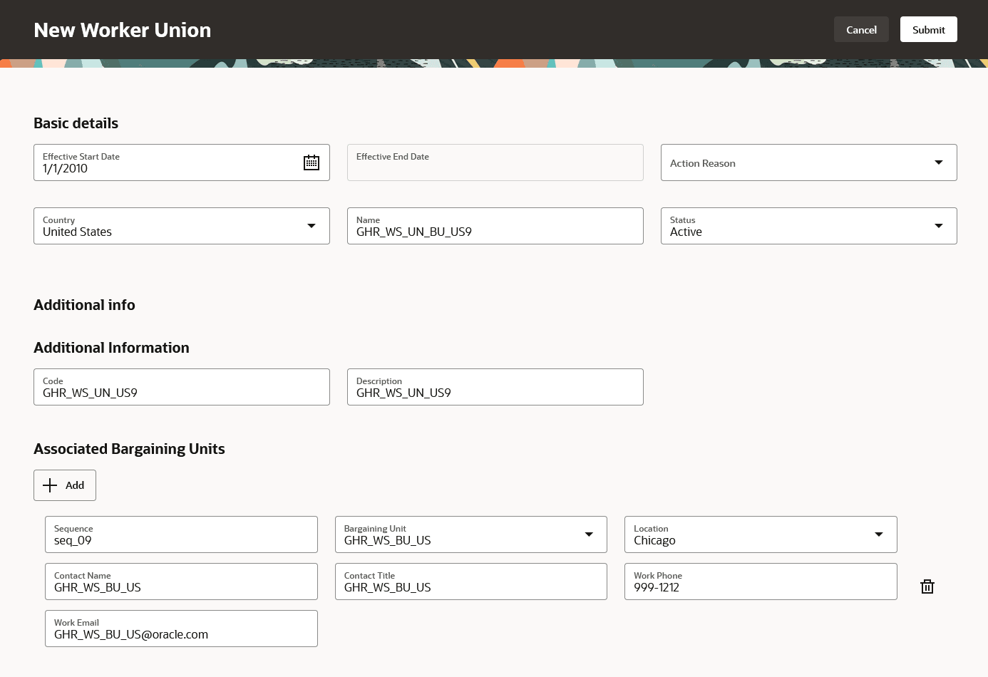 This image shows the New Worker Union page in Redwood, where you add the info while creating a worker union.