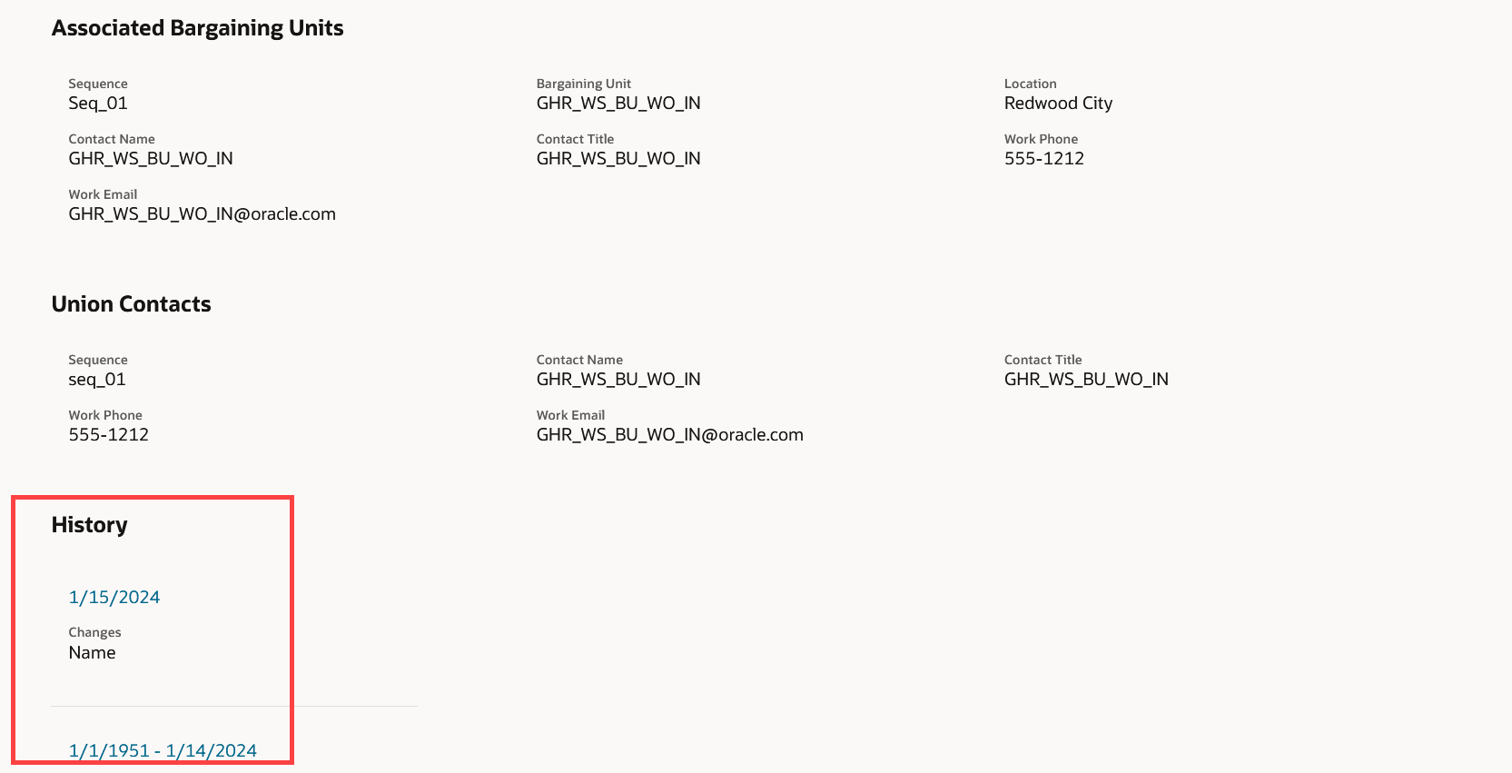 This image shows the History section for a worker union, showing two records after you update the worker union.