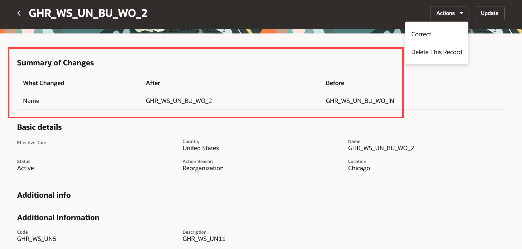 This image shows the Summary of changes section that lists the changes made to the worker union record.
