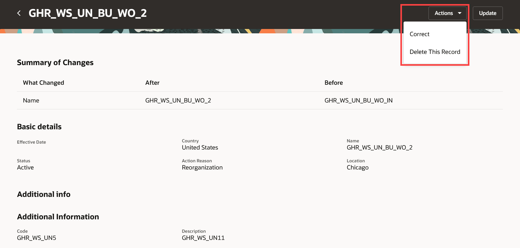 This image shows the Actions drop-down menu for a worker union, showing the Delete This Record option for deleting a record.