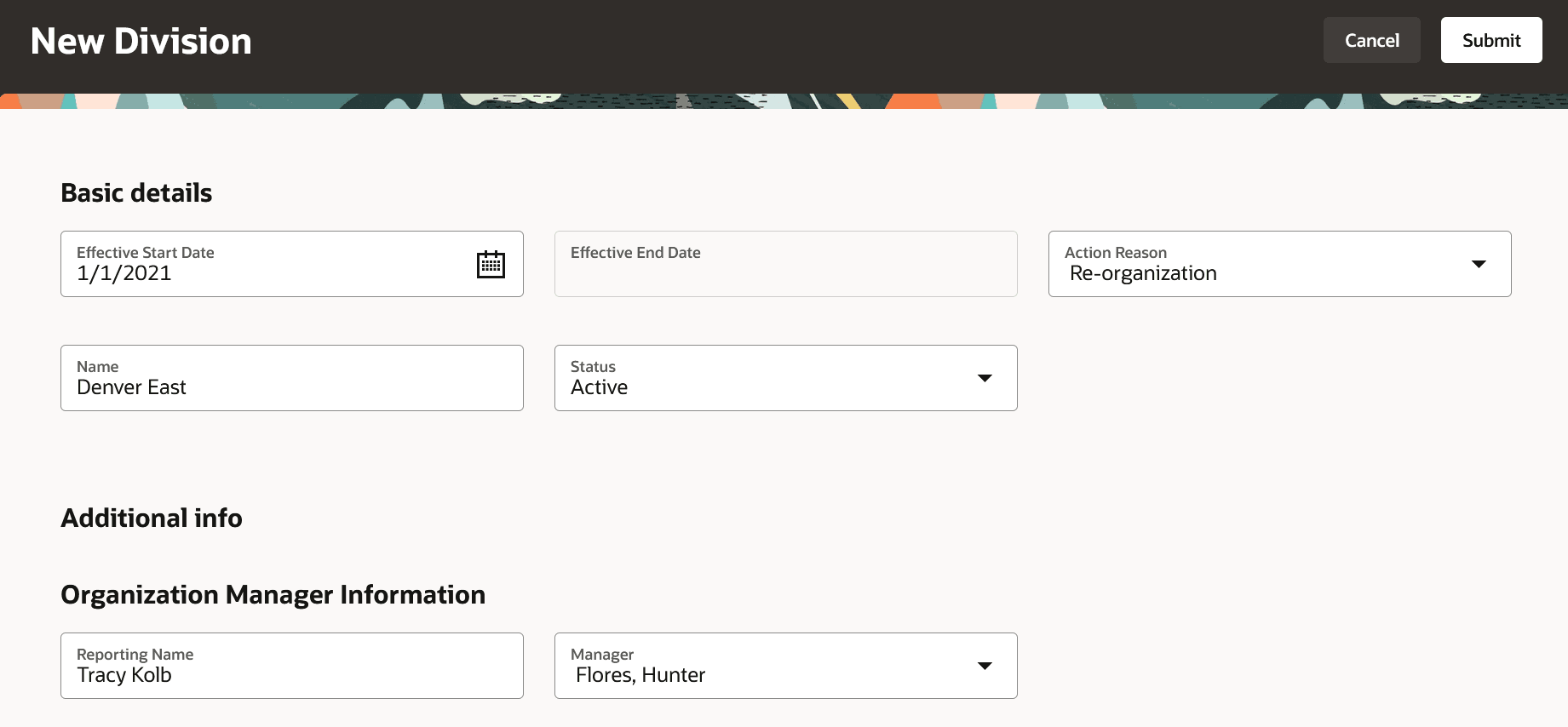 This image shows the New Division page where you enter the data while creating a new division. 