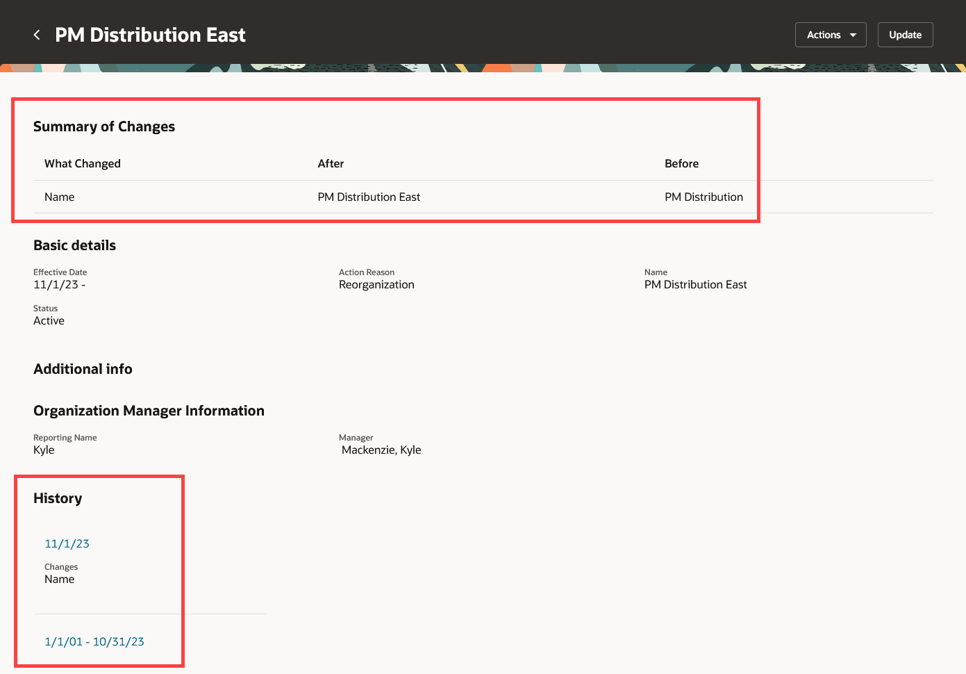 This image shows the Summary of changes and History sections for an updated division.