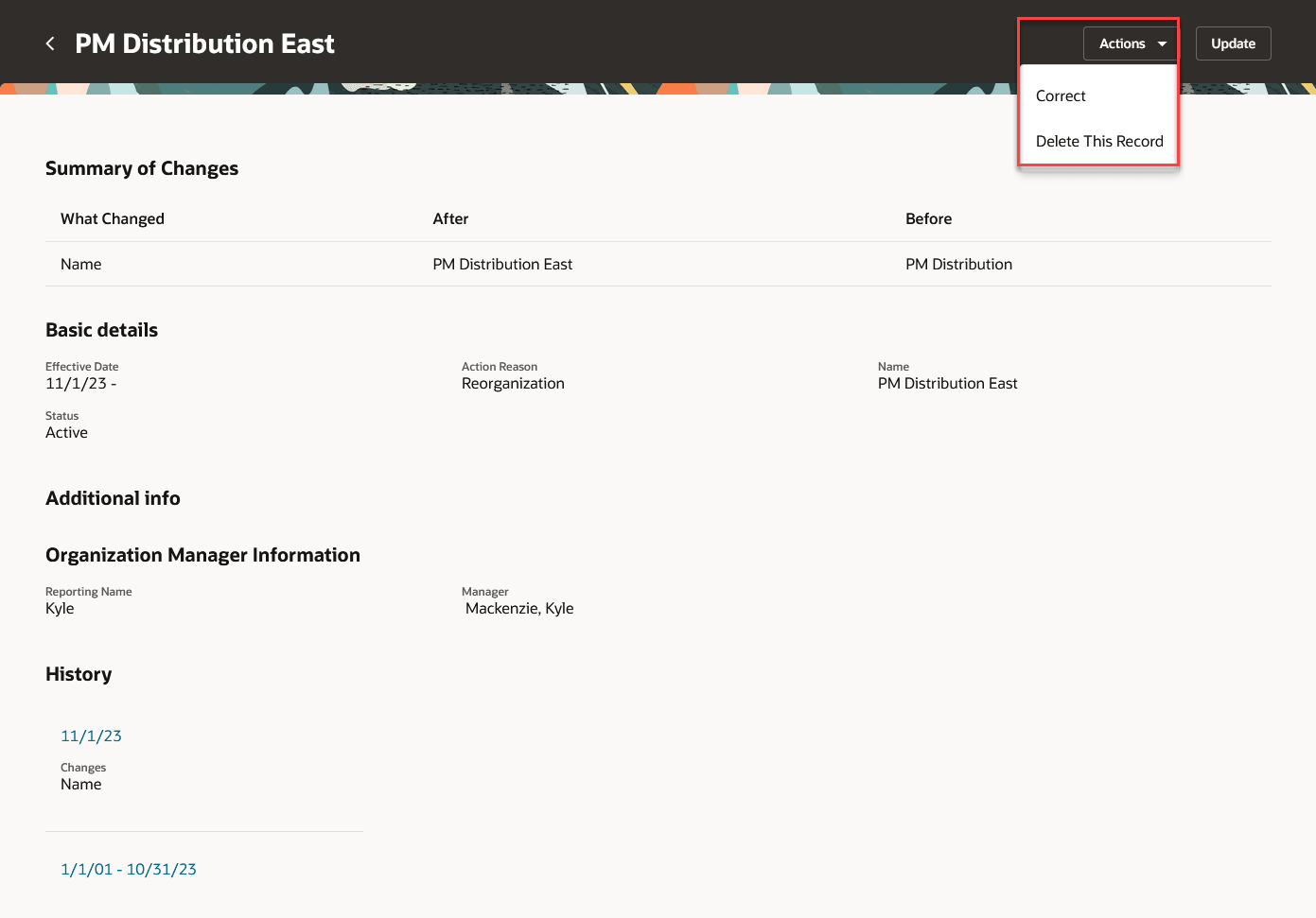 This image shows the Actions drop-down menu on a division page, showing the Delete This Record option for deleting a division. 