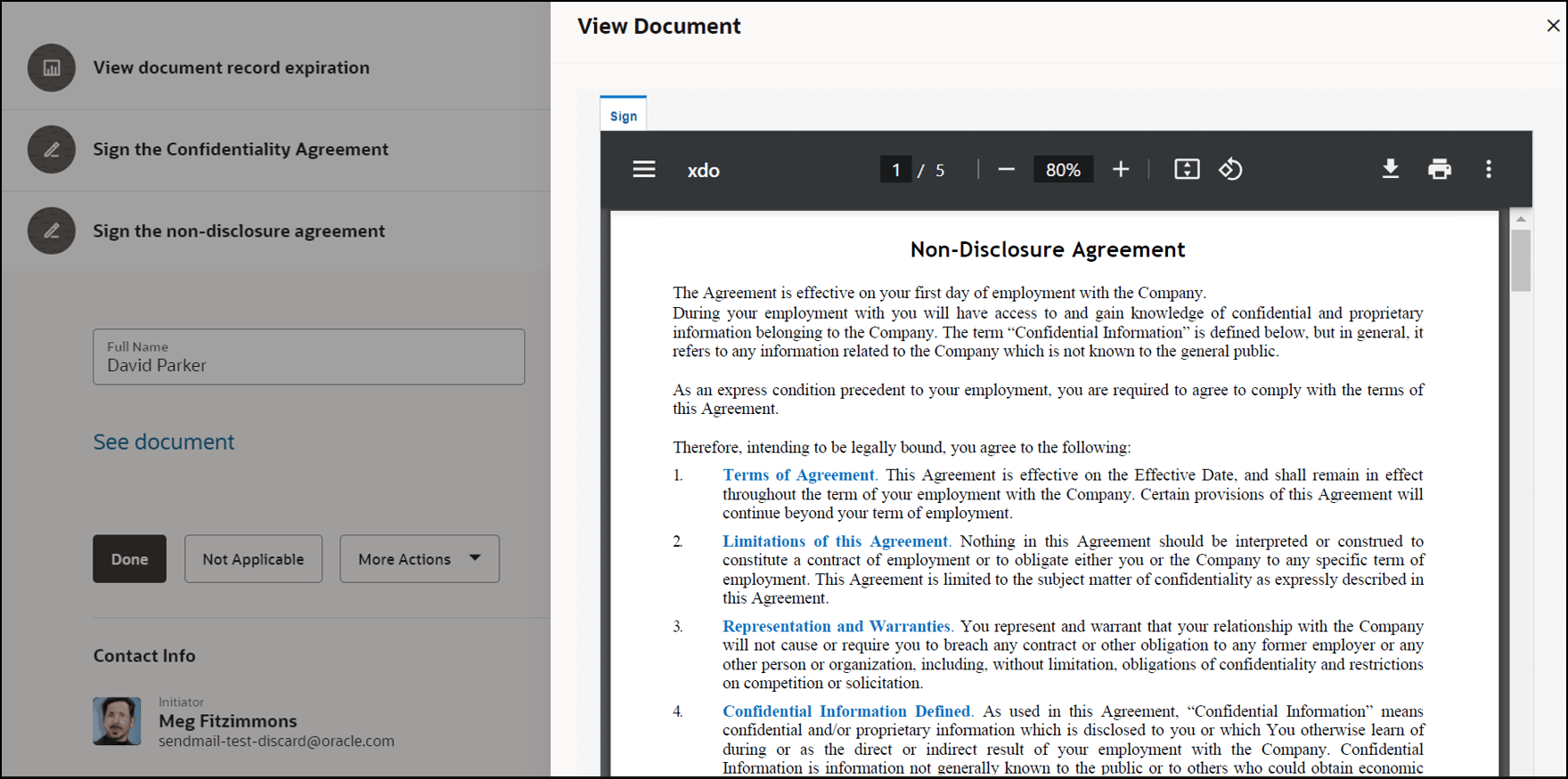 Document to be Signed Opens in a Separate Panel Drawer