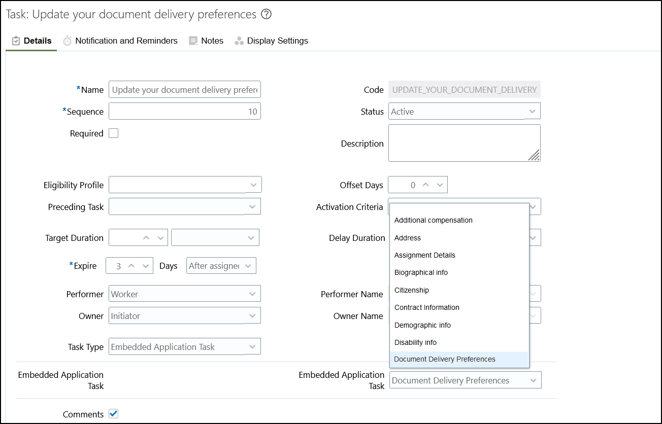 Configure the Document Delivery Preferences Region in the Embedded Application Task