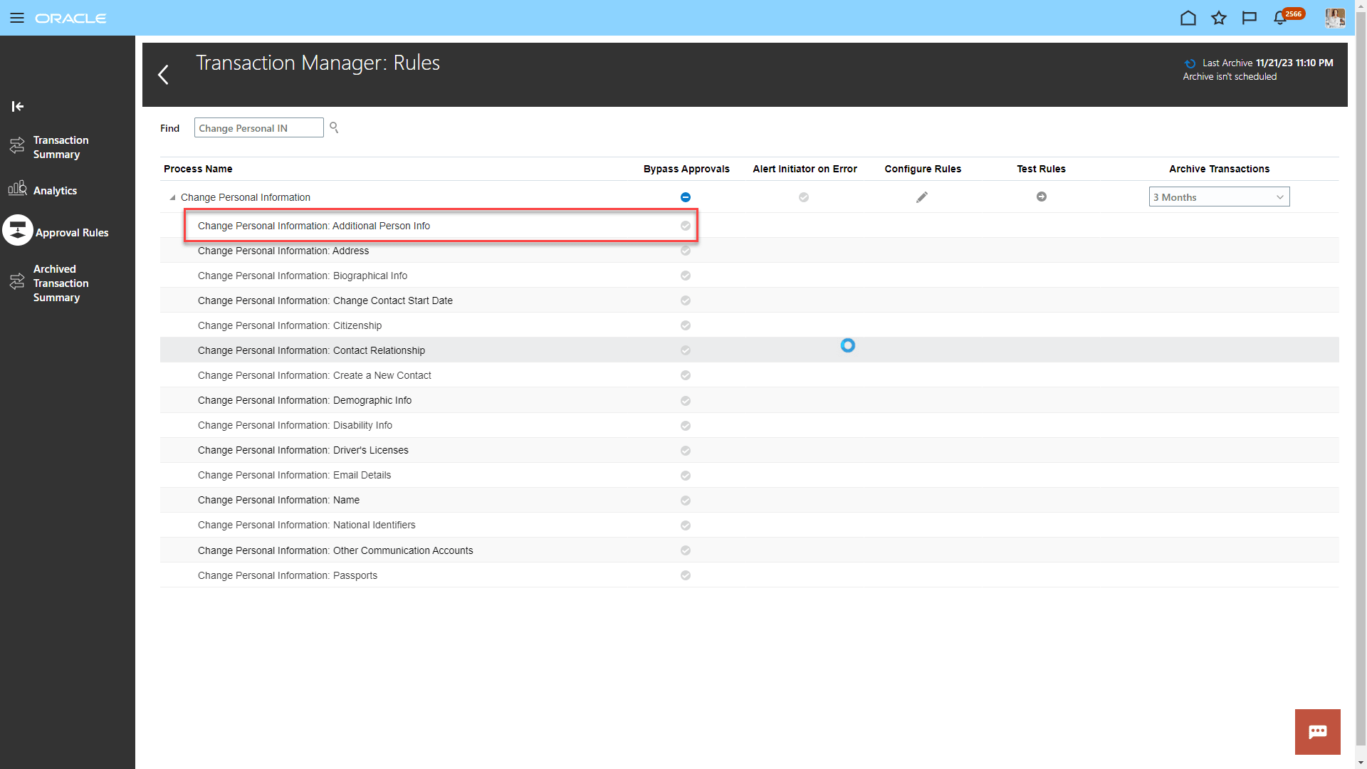 This image shows the Change Personal Information: Additional Person Info approval rule in the Transaction Manager.