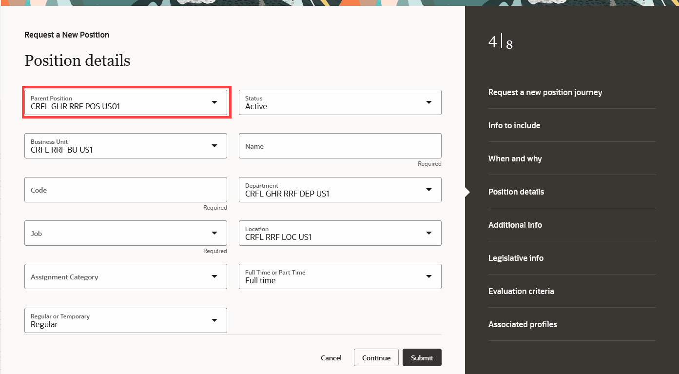 This image shows how the parent position is defaulted when a line manager requests a new position.