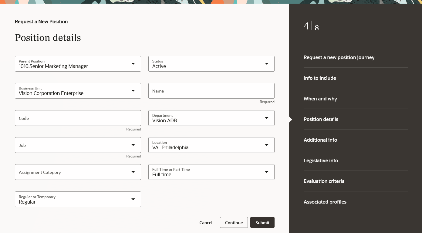 This image shows how the other fields are defaulted after the parent position is selected. 