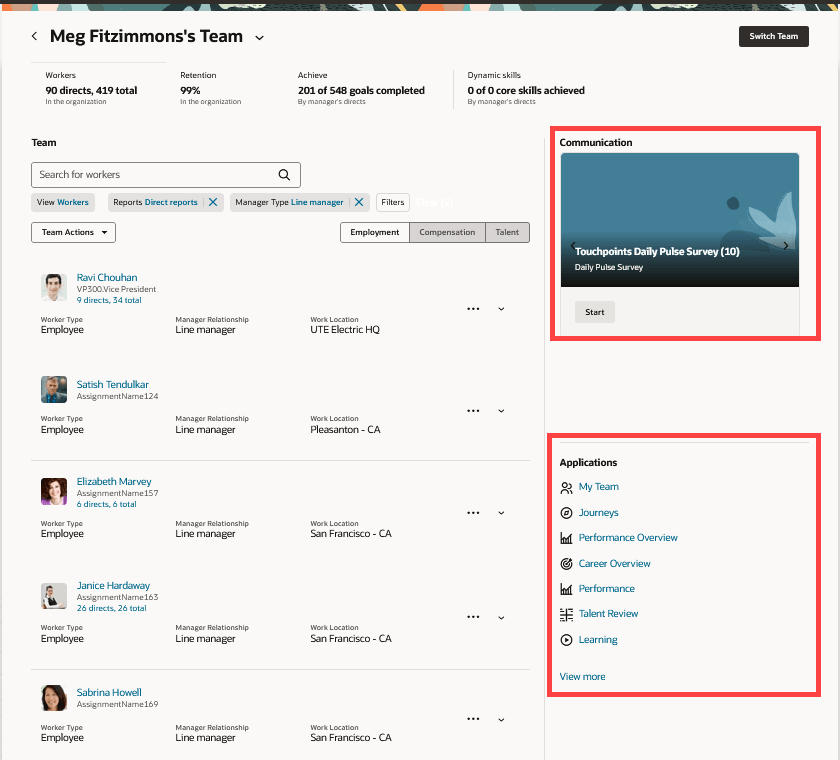 Communication and Applications section in the Team Activity Center page 