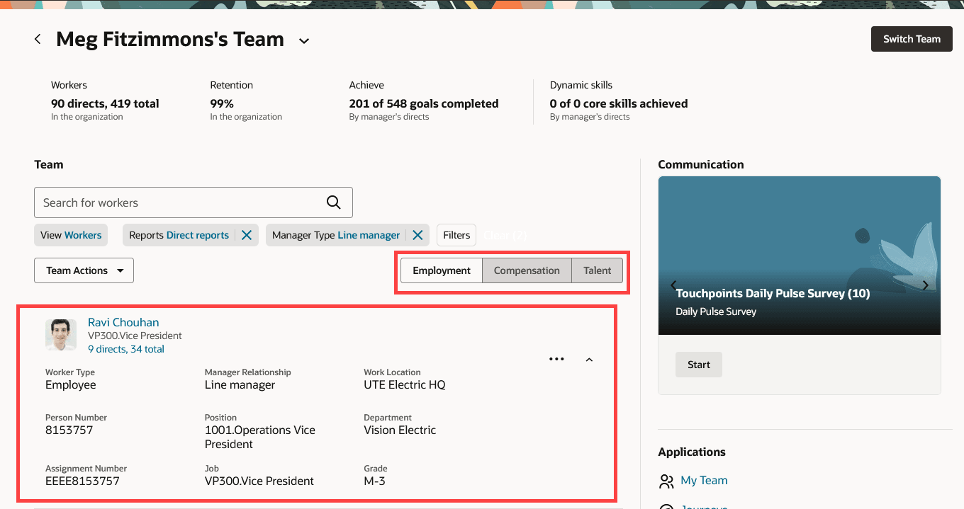 Workers view, Employment tab in the Team Activity Center page