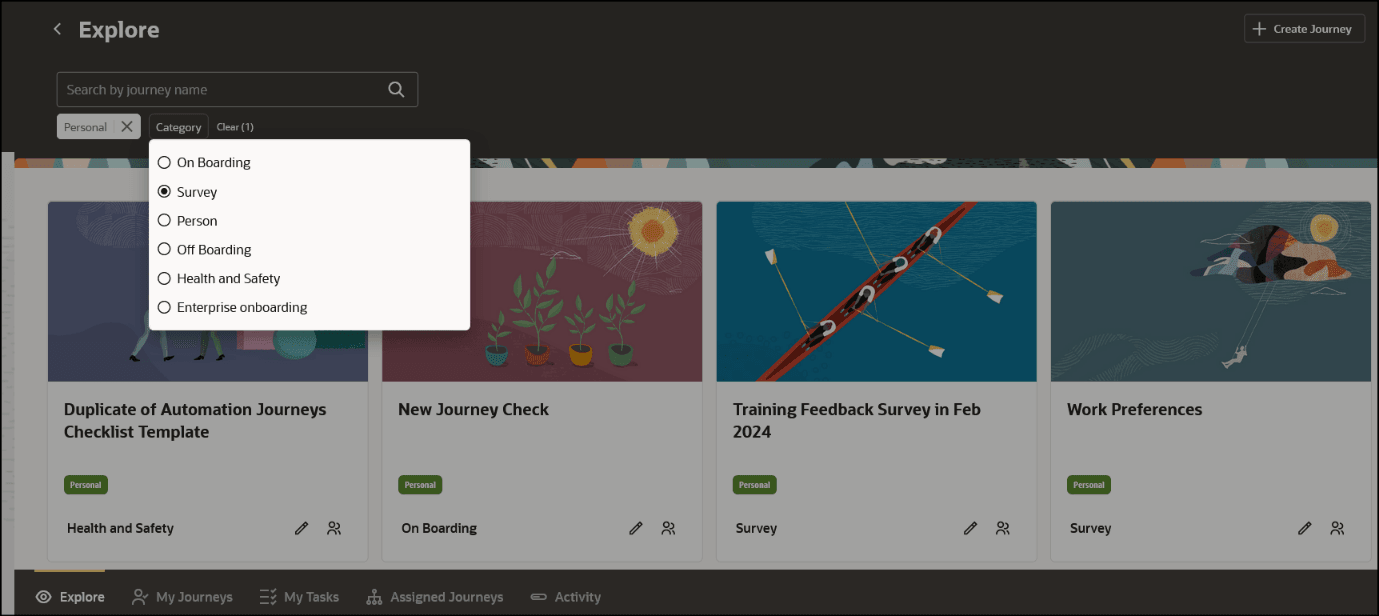 Filter the Journey by Survey Category on Explore Tab