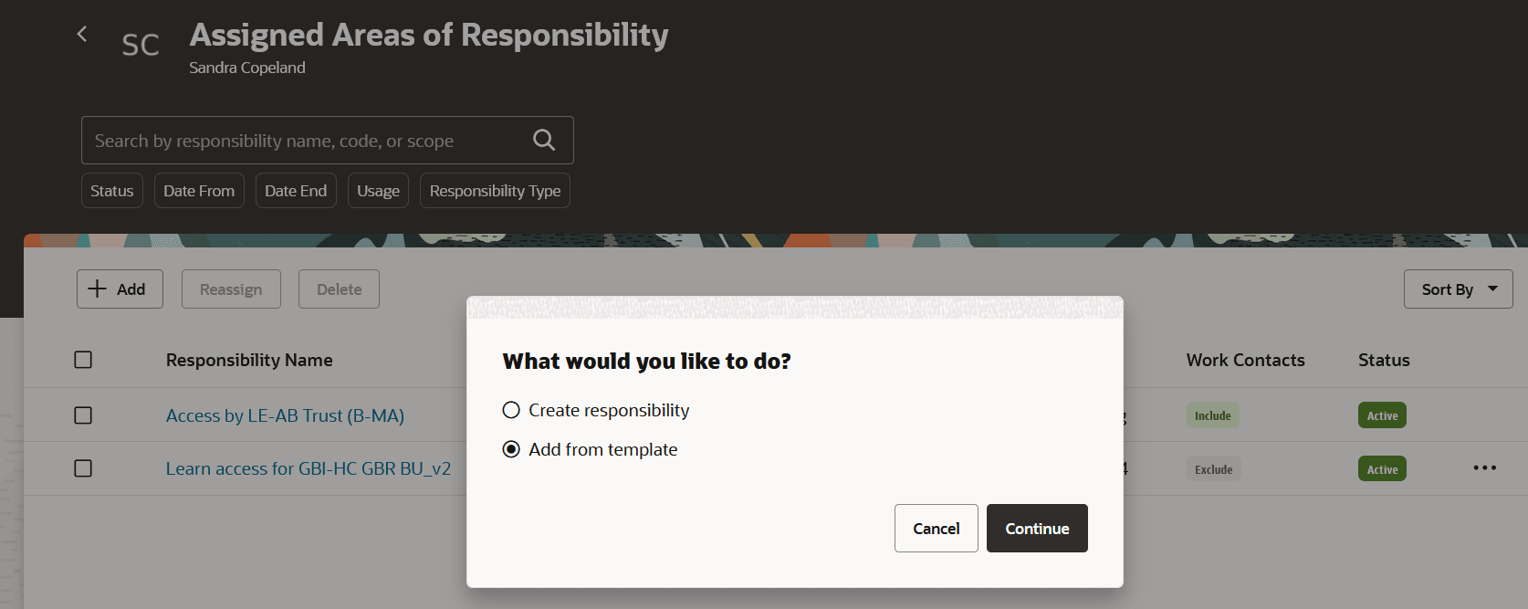 Add a Responsibility in the Assigned Areas of Responsibility page
