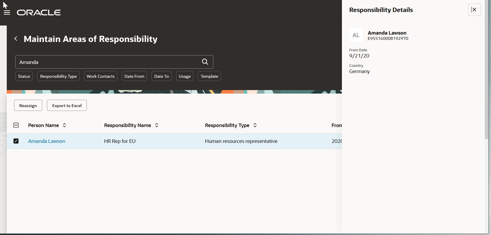 Panel drawer with person-level responsibility details on the Maintain Areas of Responsibility page