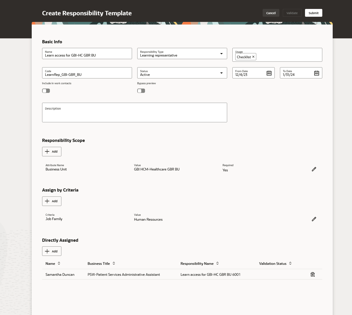 Create Responsibility Template with a person who is directly assigned from this template.
