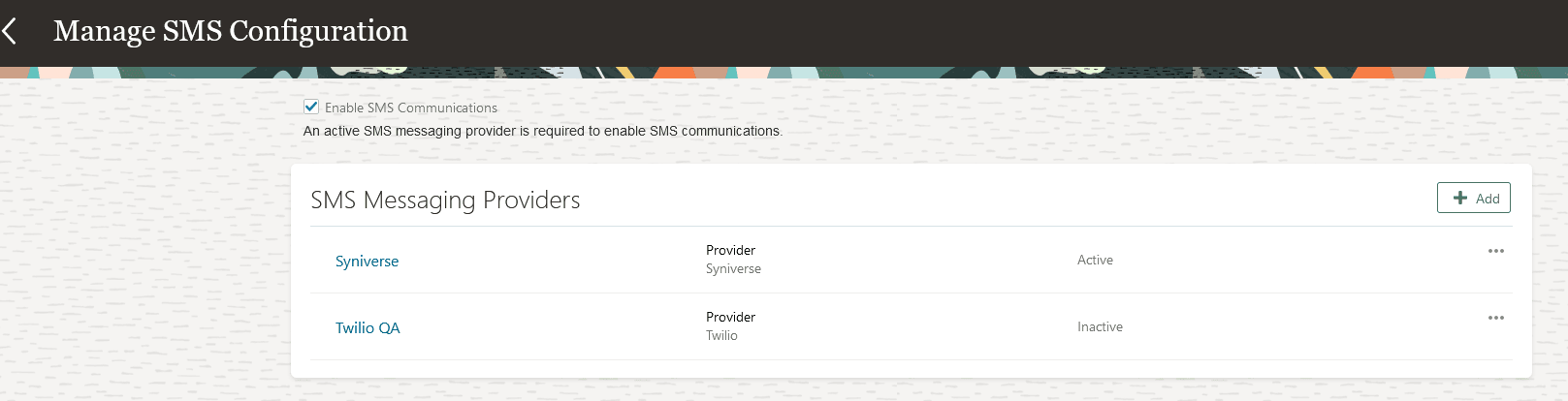 Manage SMS Confirguration page