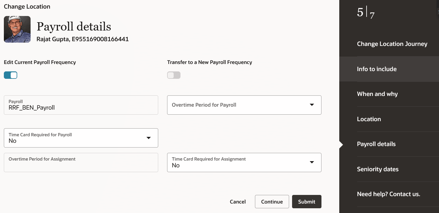 Payroll details step in Change Location process