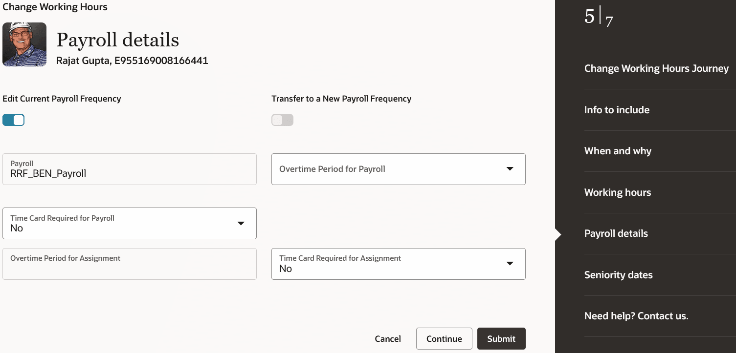 Payroll details step in Change Working Hours process