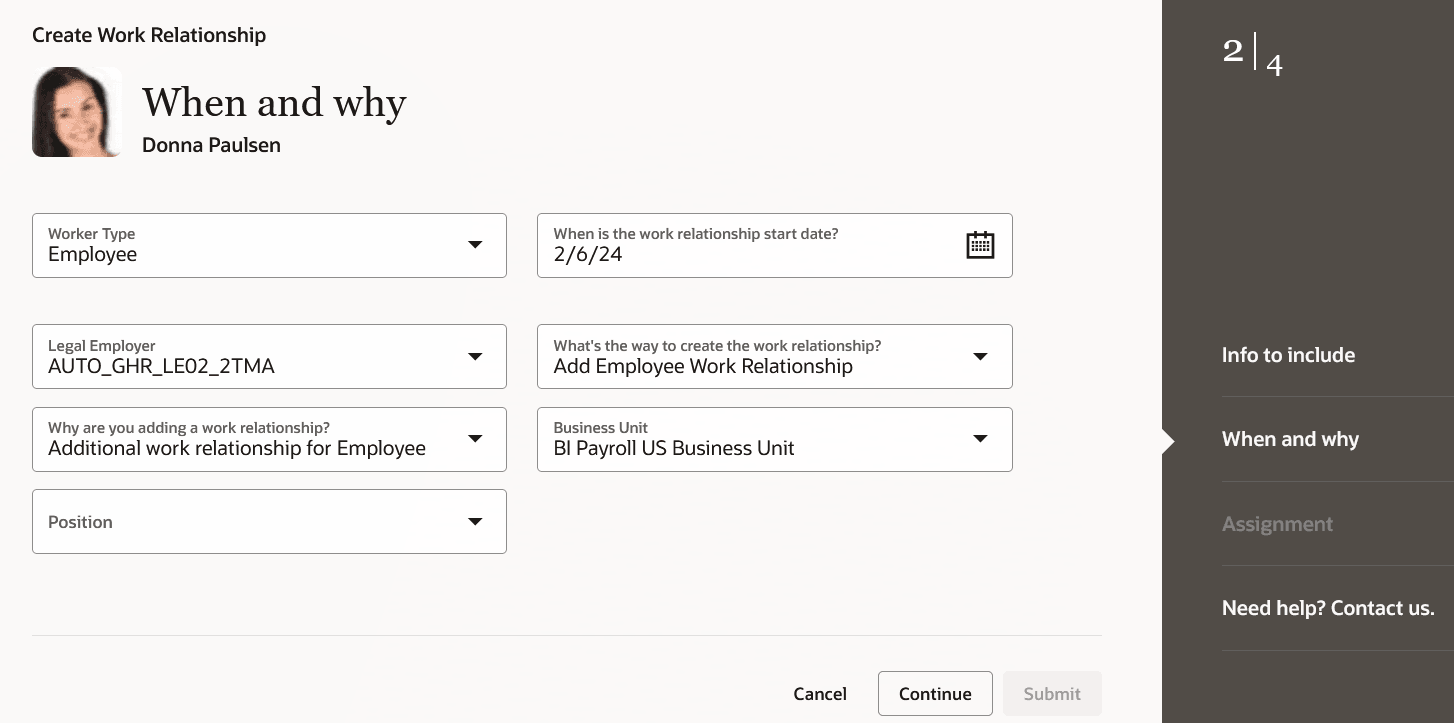 When and why step of the Create Work Relationship process