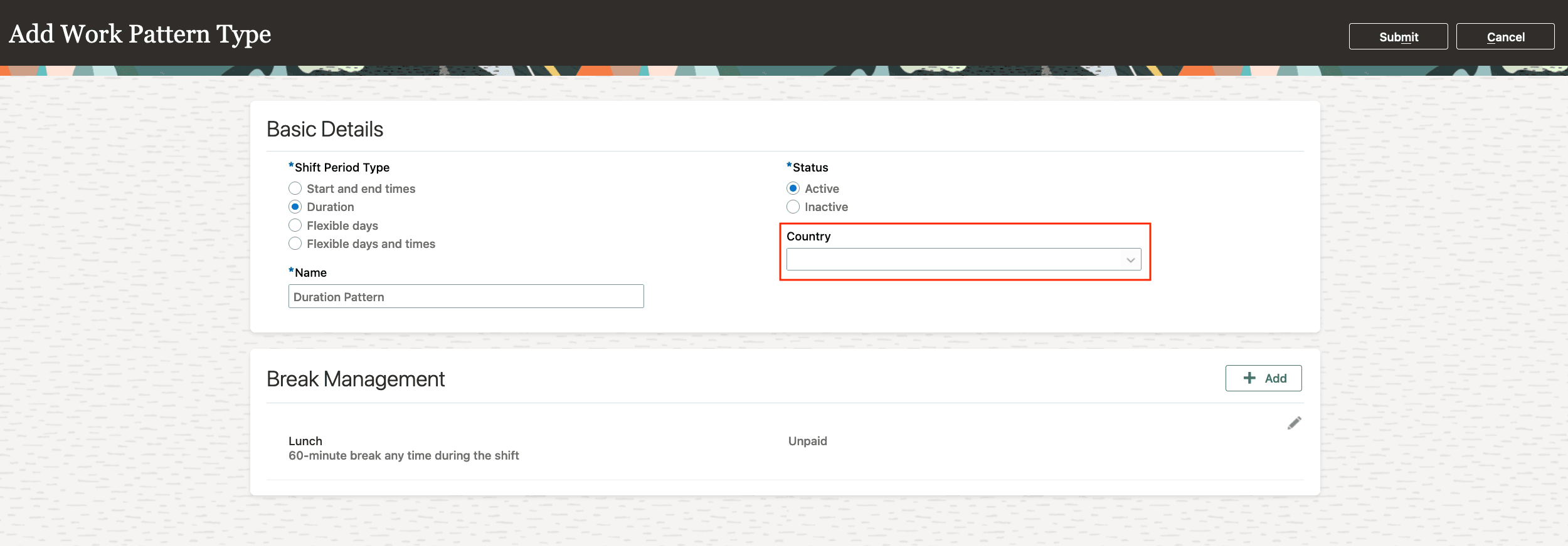 Work Pattern Type Defined Without Country