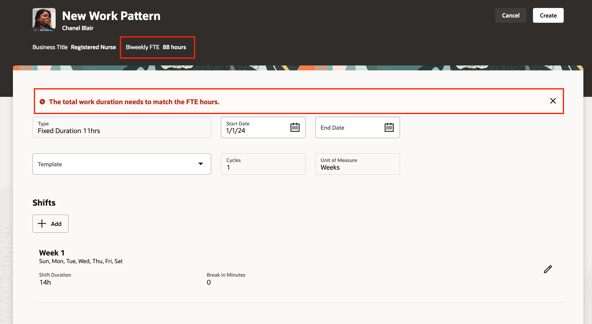 Work Pattern With Error on Create Because Total Work Duration Doesn't Match the FTE Hours