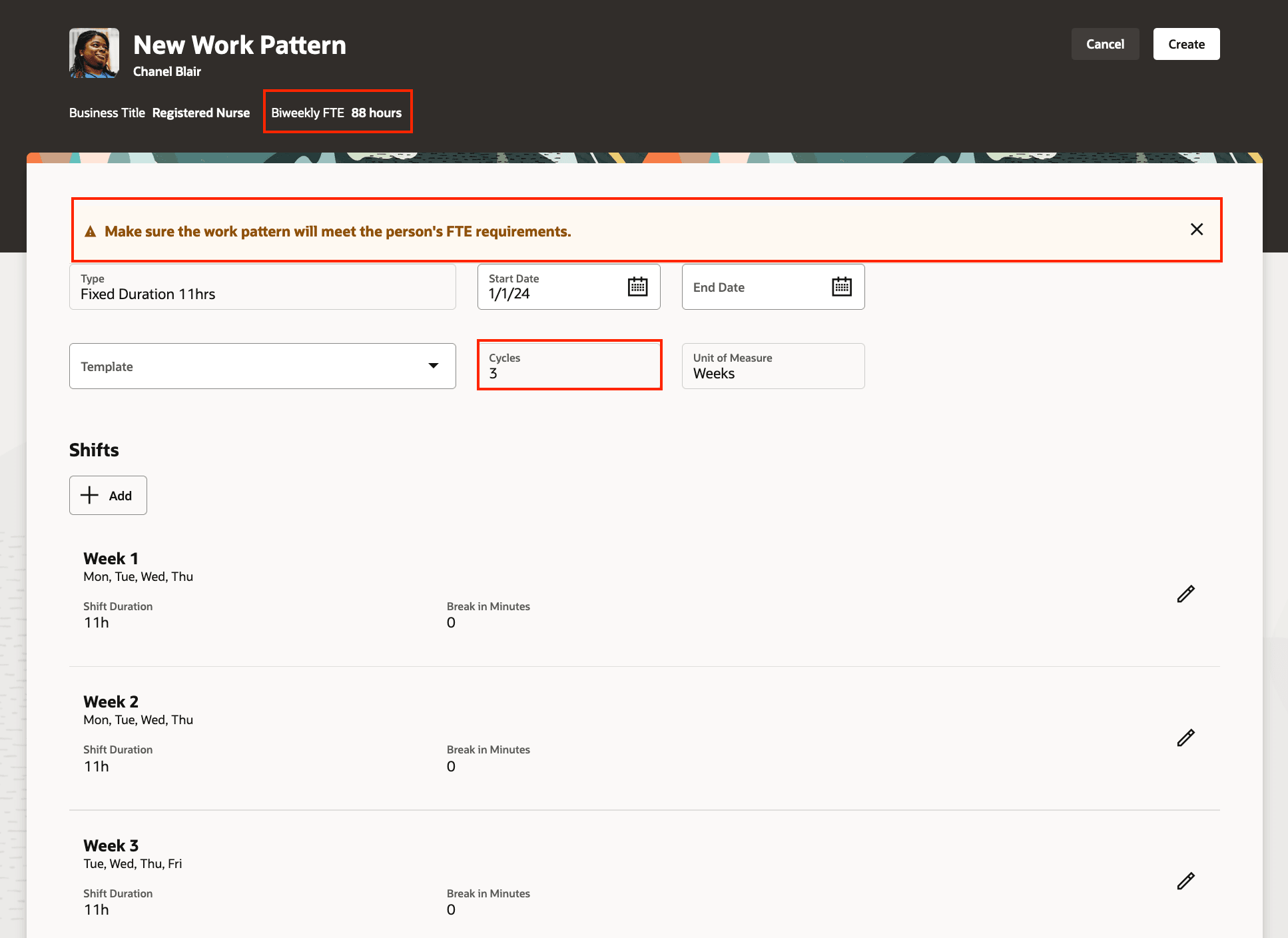 Work Pattern With Warning Make Sure Work Duration Matches the FTE Hours