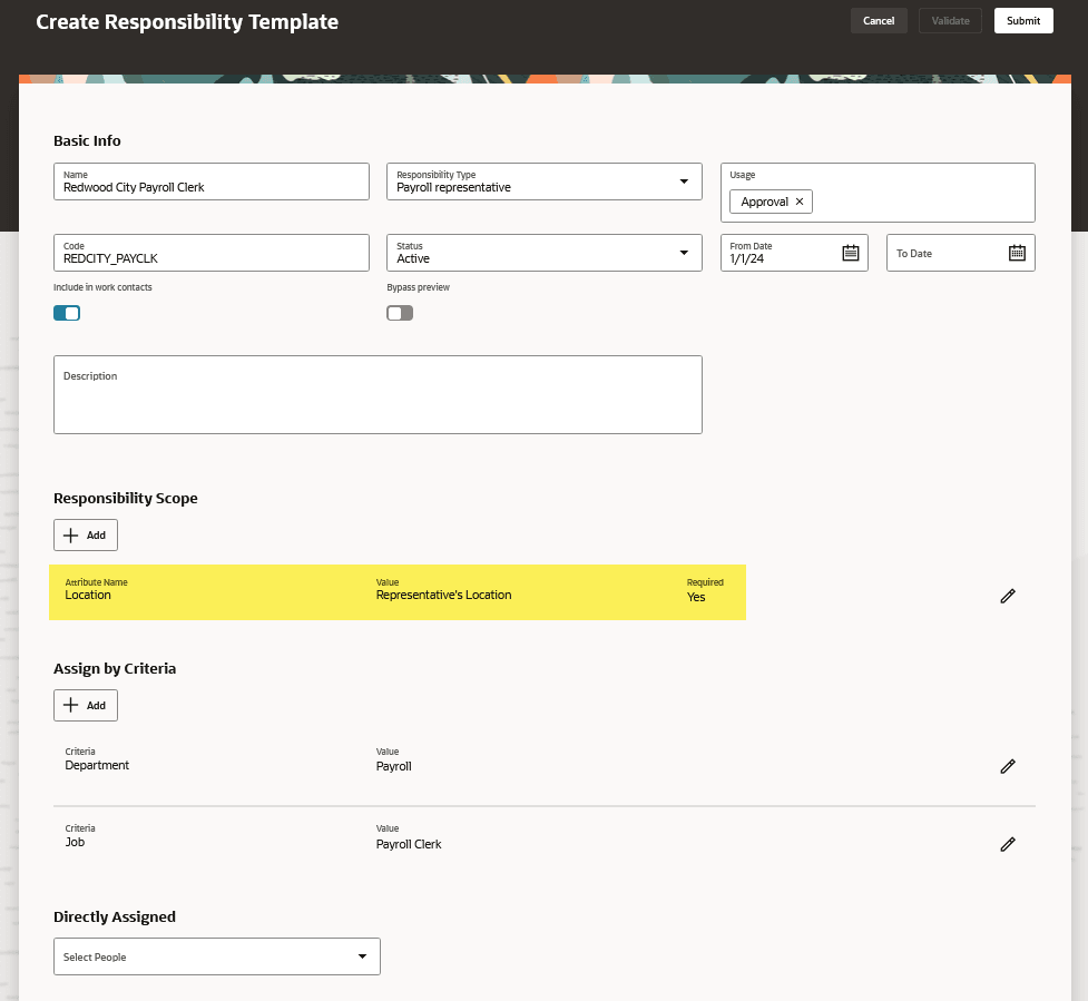 Responsibility template with Dynamic Representative Scope of Location