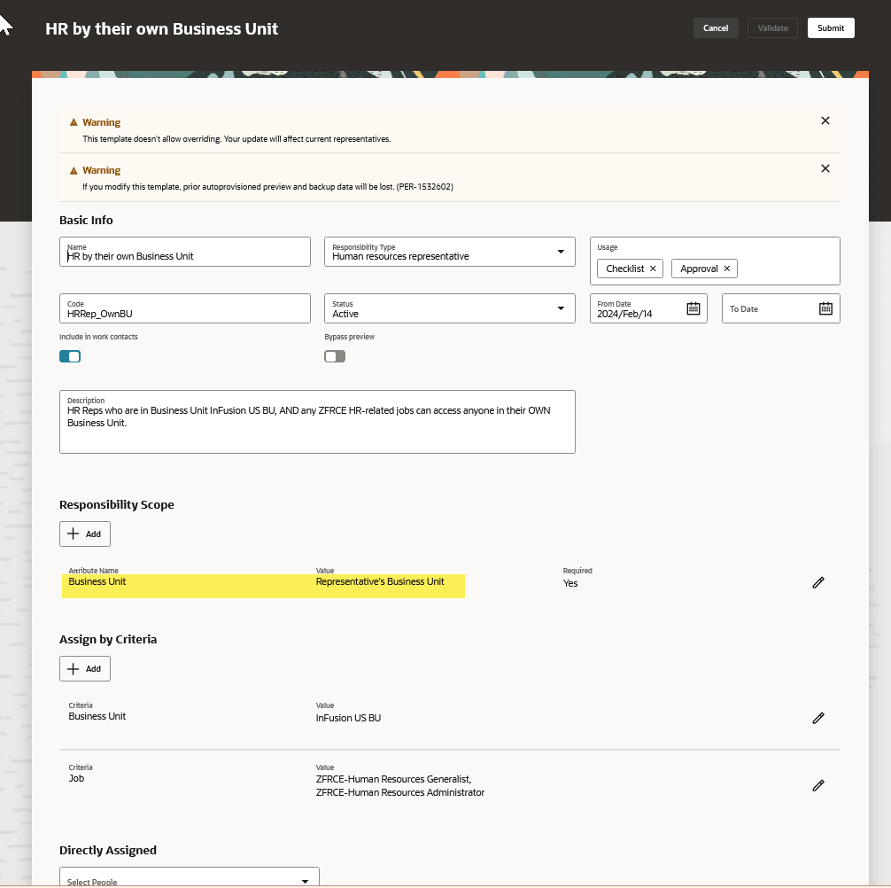 Responsibility template with Dynamic Representative Scope of Business Unit