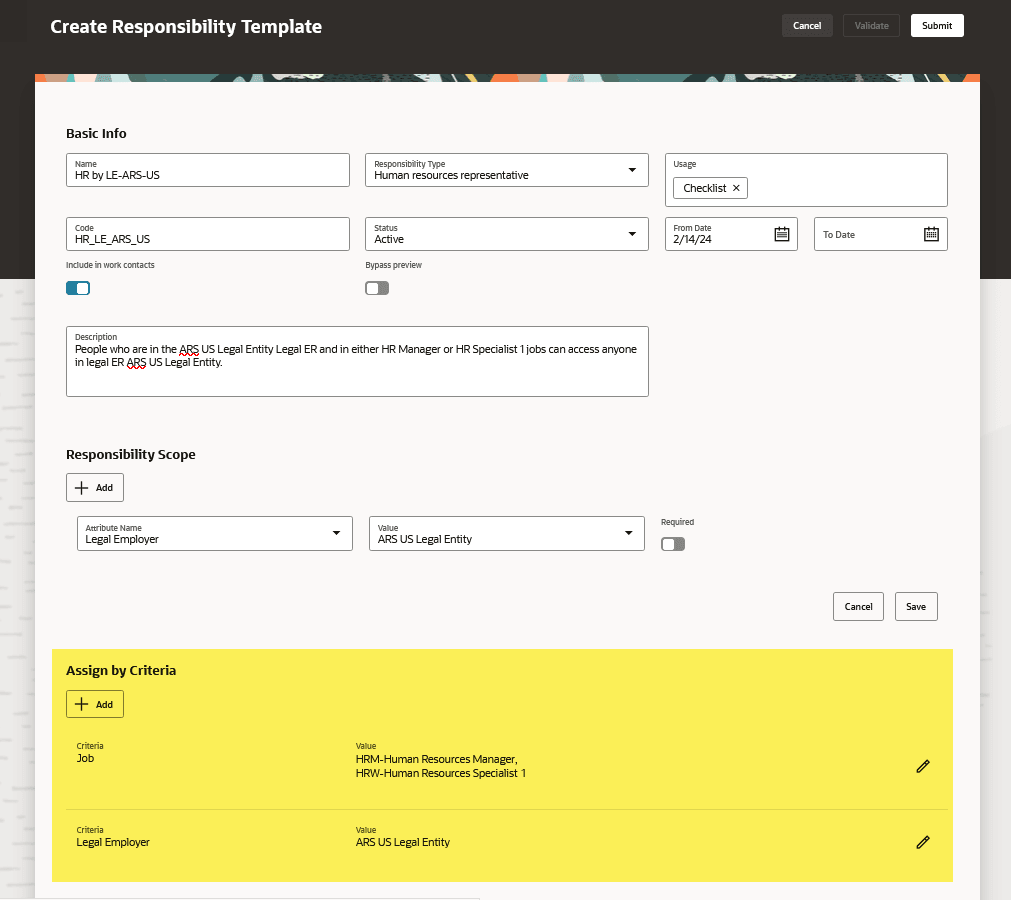 New responsibility template highlighting Assign by Criteria section