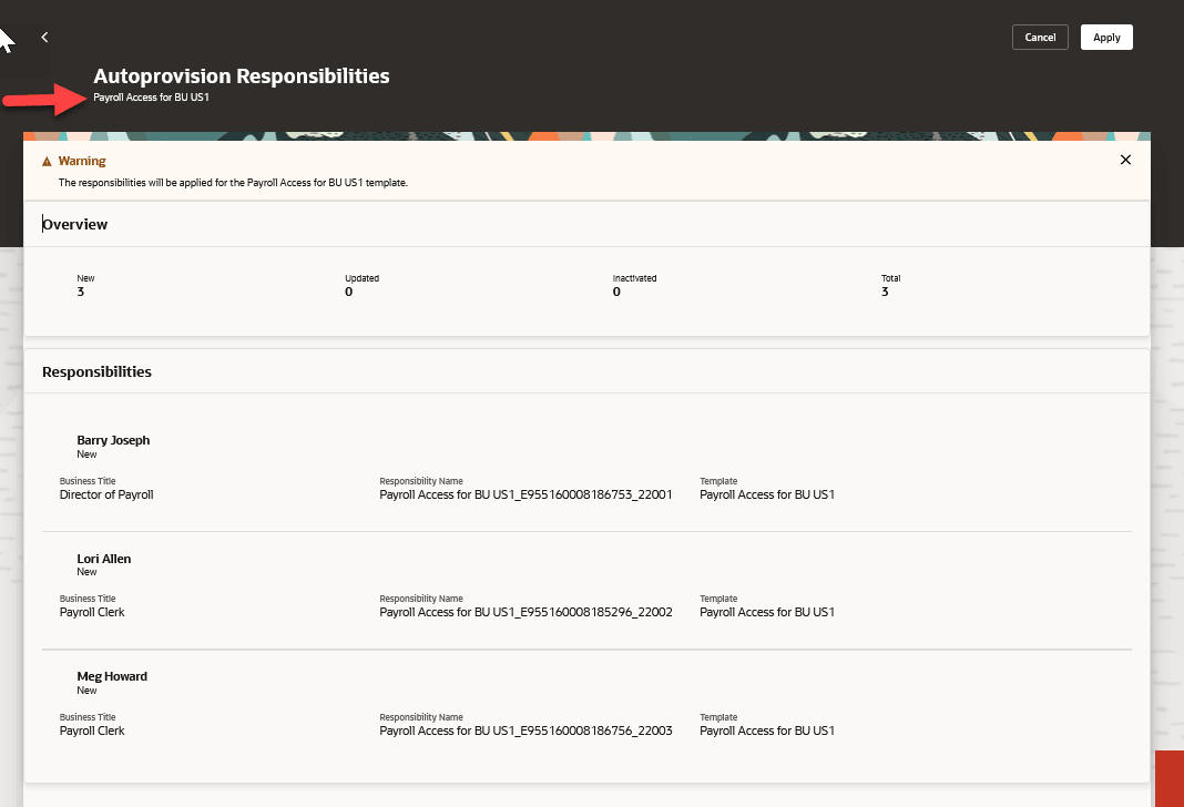 Preview results of the selected template on the Autoprovisioning Responsibilities page