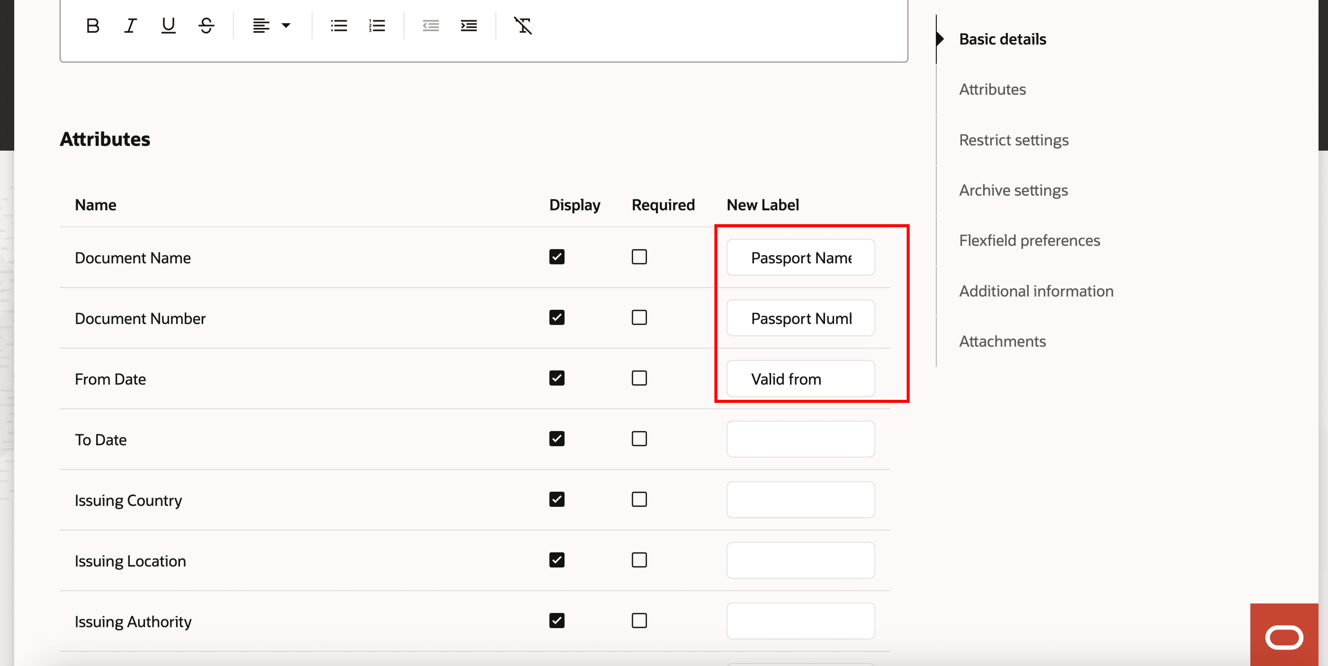 Configure labels for standard attributes in the Update Document Type page