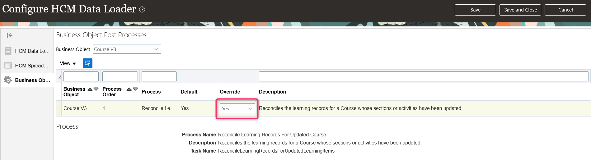 Configure HCM Data Loader Page, Business Object Post Process Tab Showing the Course V3 Object