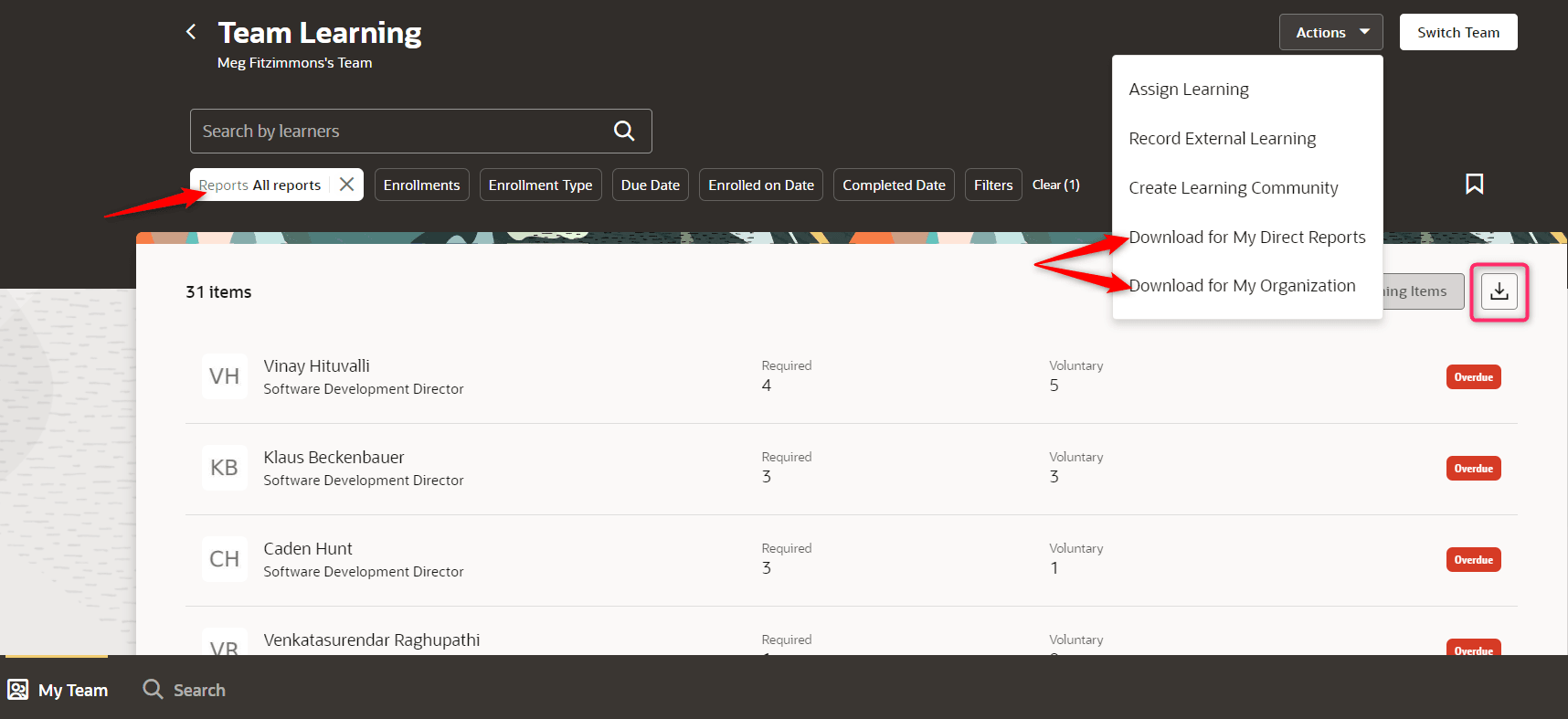 Download Icon Button on the Team Learning Page
