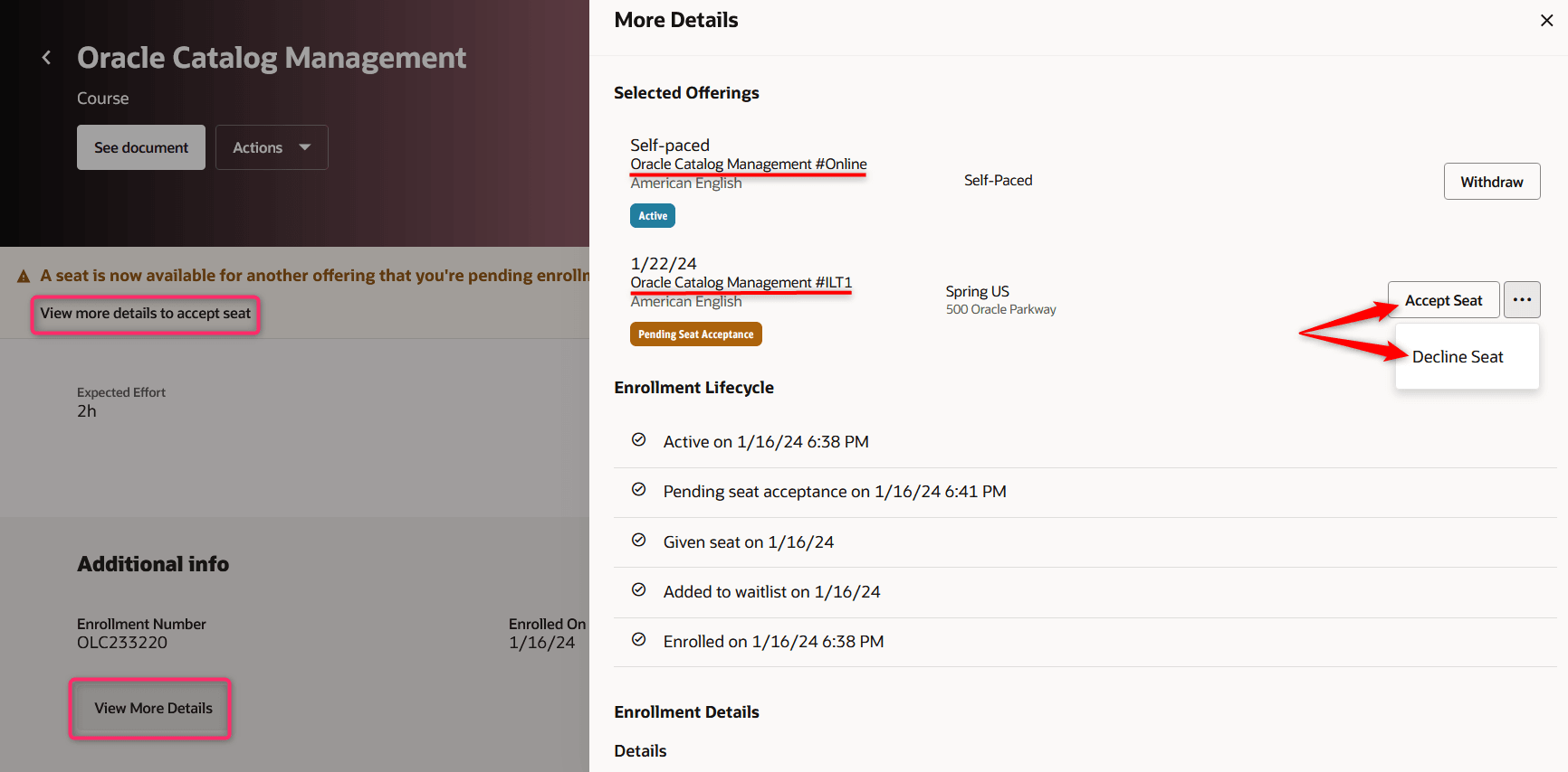 Course Enrollment Details Page with a Banner Message for Another Offering with a Newly Available Seat and More Details Drawer Showing Offering Titles