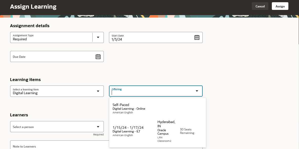 Assign Learning Page Where You Can Select an Offering while Assigning a Course