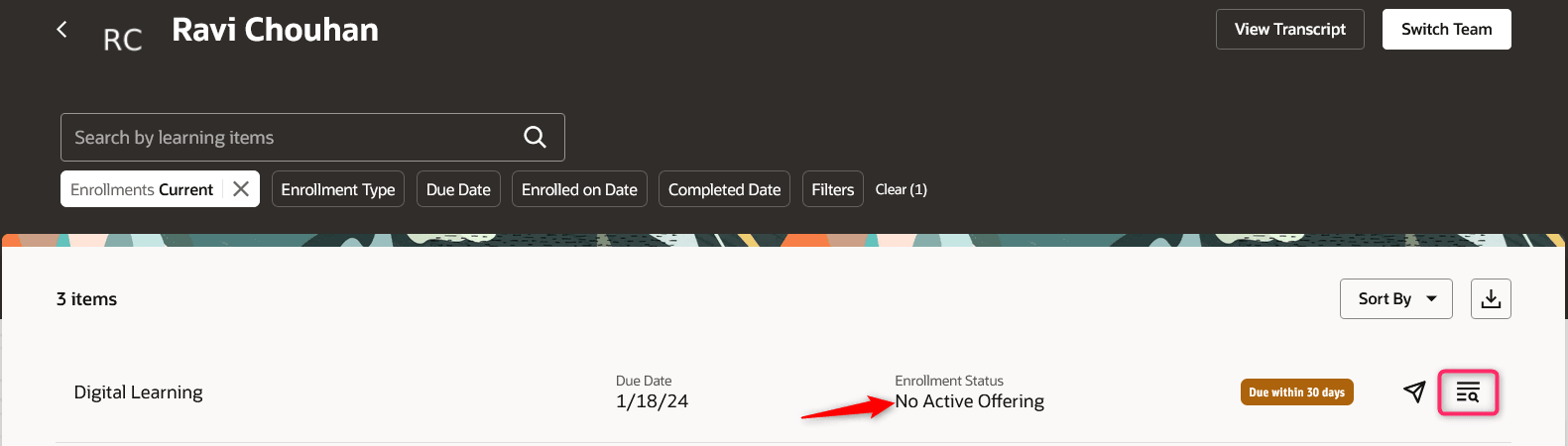 Manager's Learning Assignments Page for a Learner with the Row-Level Assign an Offering Icon Button