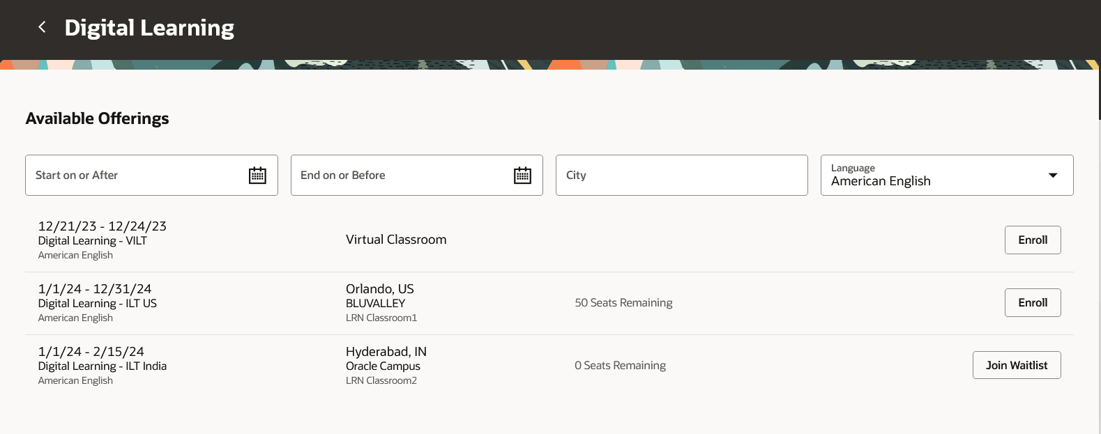 Learning Item Page with the Available Offerings Section 