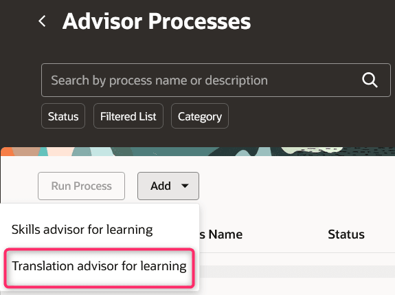 Advisor Processes Page Showing the Add Button Menu Options