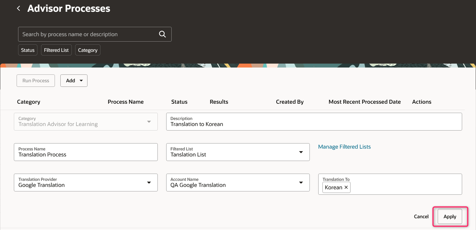 Advisor Processes Page Showing the Category Tab Fields