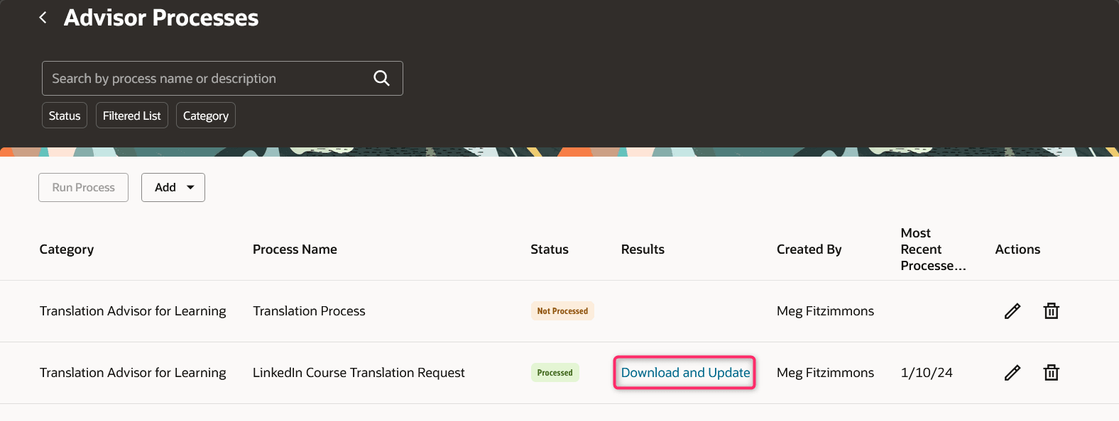 Advisor Processes Page Showing the Download and Update Link for the Translations Workbook