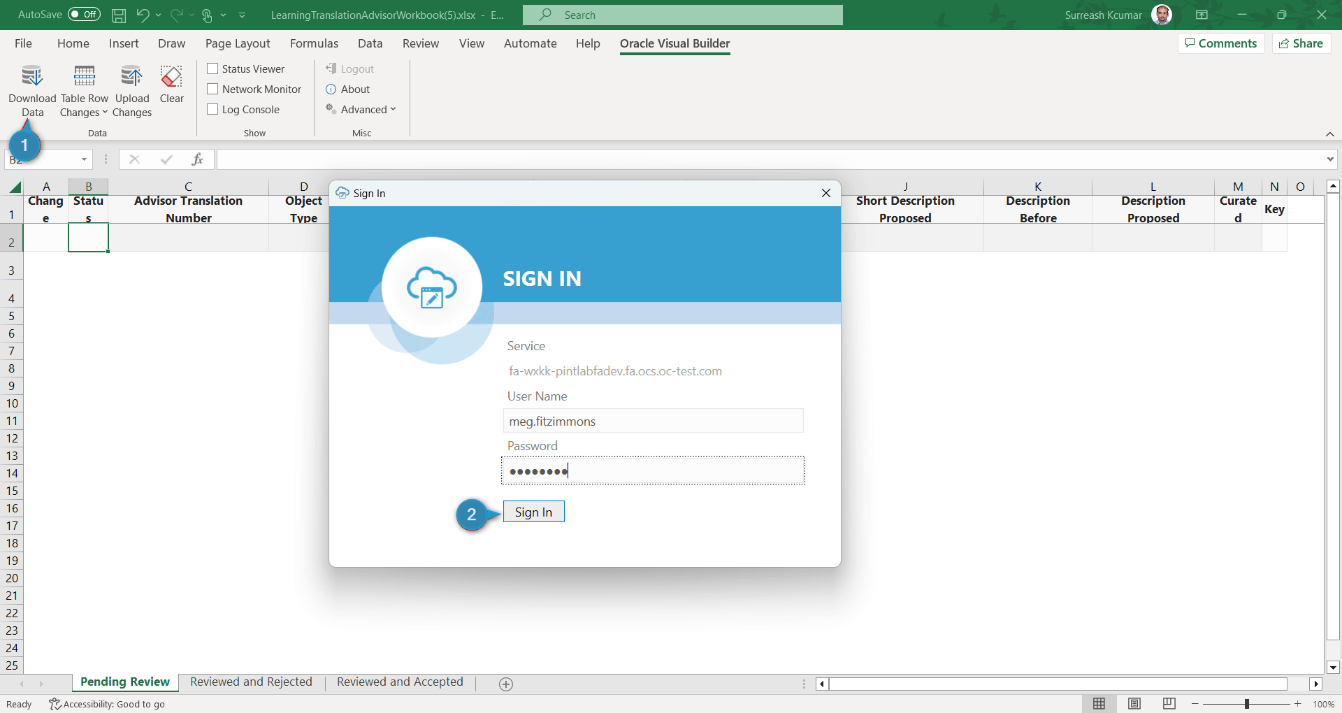 Sign In Dialog Box Over the Microsoft Excel Workbook with Translations
