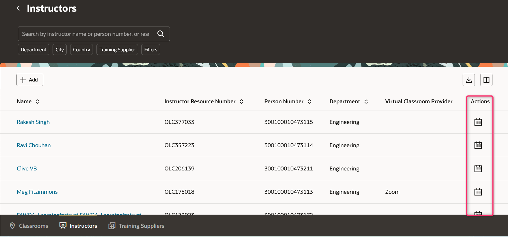 Instructors Page Showing the Row-Level Calendar Icons That Open the Instructor Calendar
