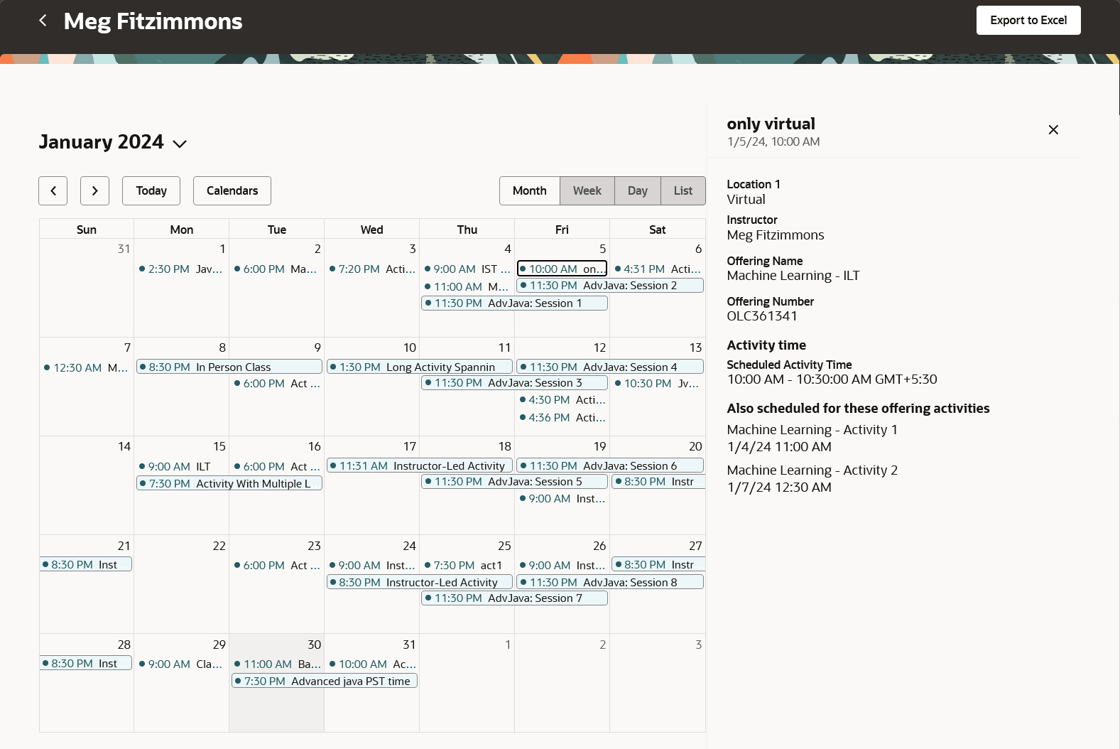 Instructor's Calendar Page with the Activity Details Panel Drawer Open