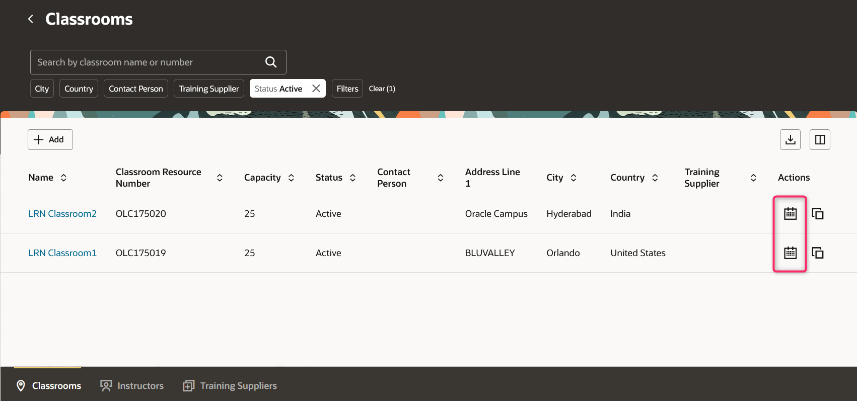 Classrooms Page with the Row-Level Calendar Icons That Opens the Classroom Calendar
